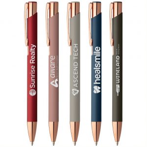 Metall Kugelschreiber mit Gravur. Mit blauer und schwarzen Mine. In 5 verschiedenen Rose Gold Farben und glänzend verchromt.