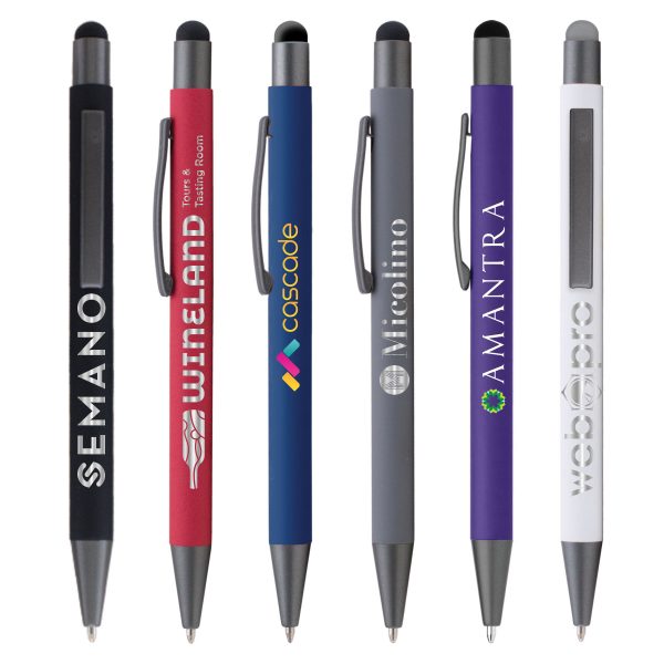 Metall Kugelschreiber mit Gravur. Mit blauer und schwarzer Mine. Soft Touch Oberfläche zur Verwendung auf Touchscreens. Edles Design in 6 Farben.